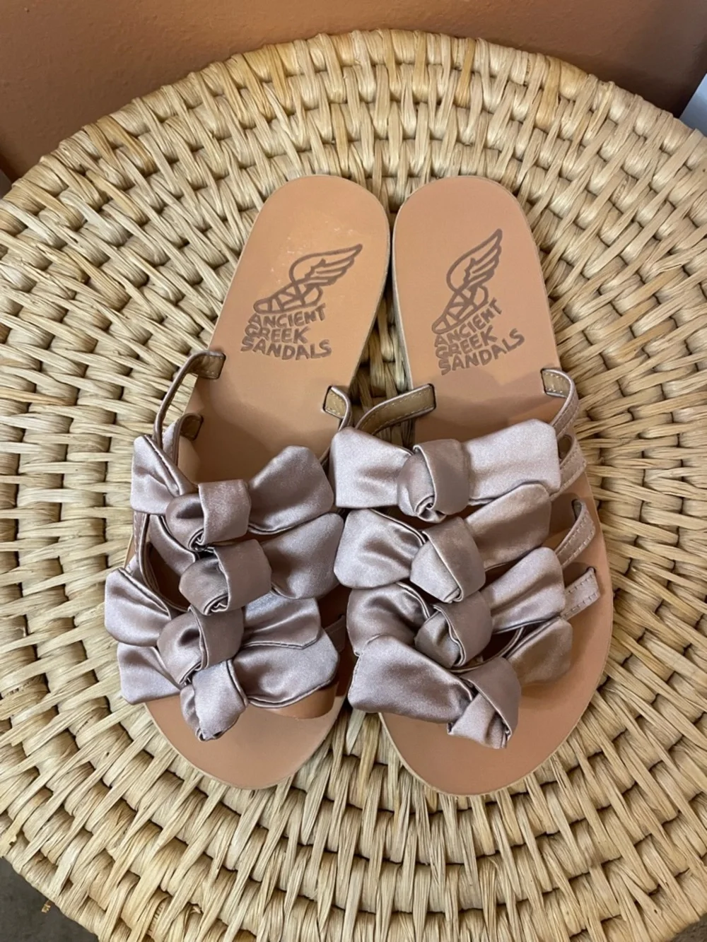 Ancient Greek Sandals Hara Natural Lotus Satin Flats in Rose Taupe Size 37